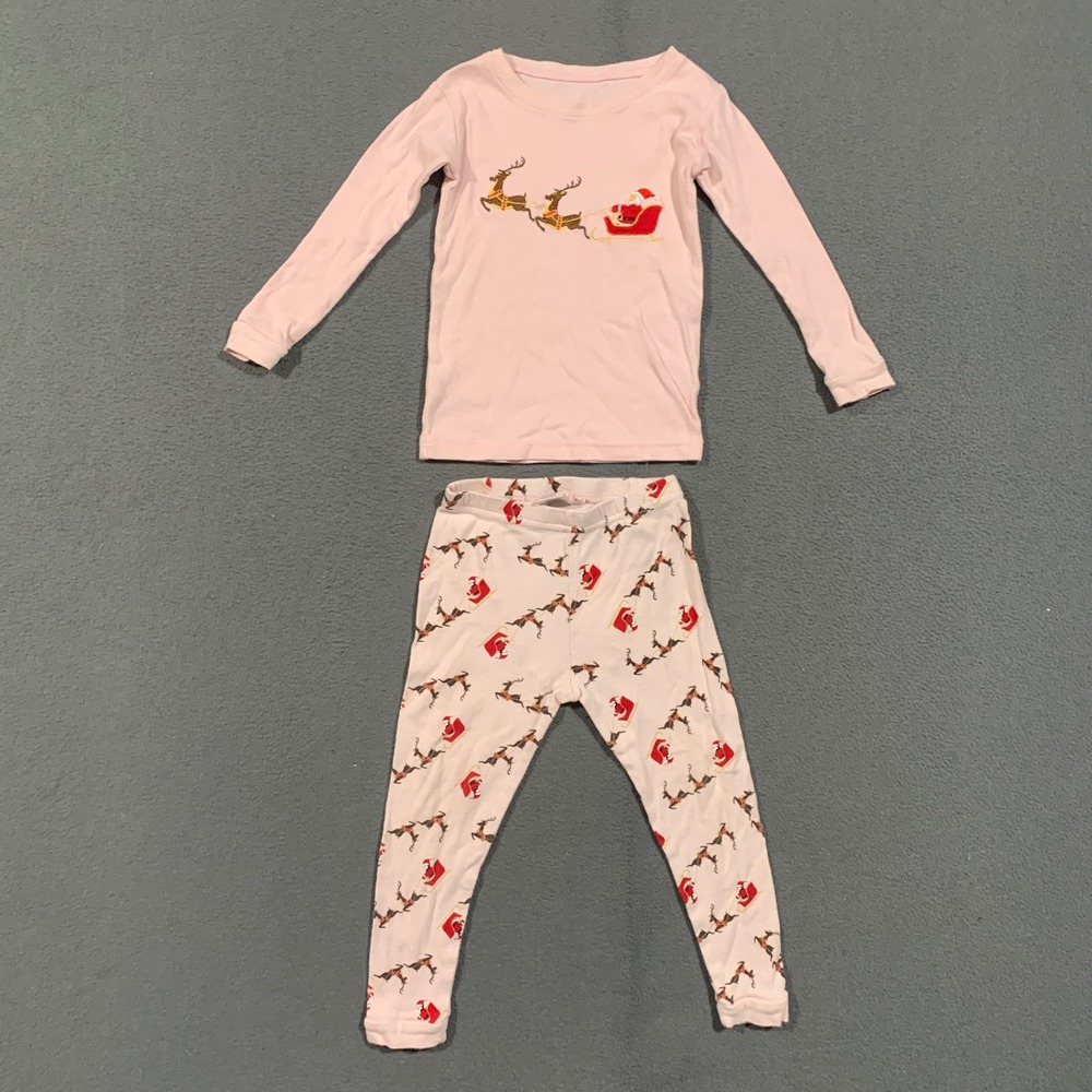 Leveret Pajama Set Kids 3T Pink Santa Sleigh Reindeer Christmas Sleepwear PJs